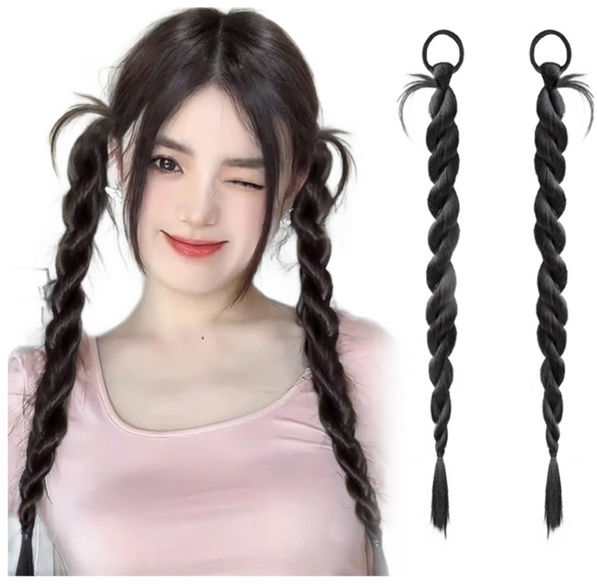 하이유니 땋은 브레이드 헤어 트윈테일 머리끈 부분 가발 60cm, 네츄럴블랙, 1개