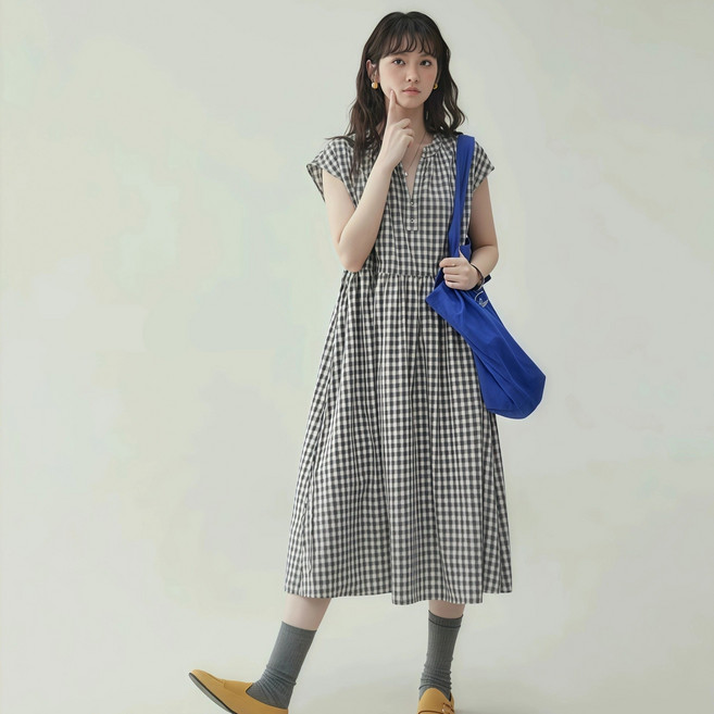 데일리무드 여성 여름 루즈핏 체크 린넨 롱 원피스