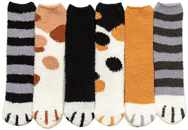 [6켤레] 냥냥이 수면양말 수족냉증 따듯한 고양이 발바닥 젤리 후리스 남여공용 발목양말 220mm ~ 260mm