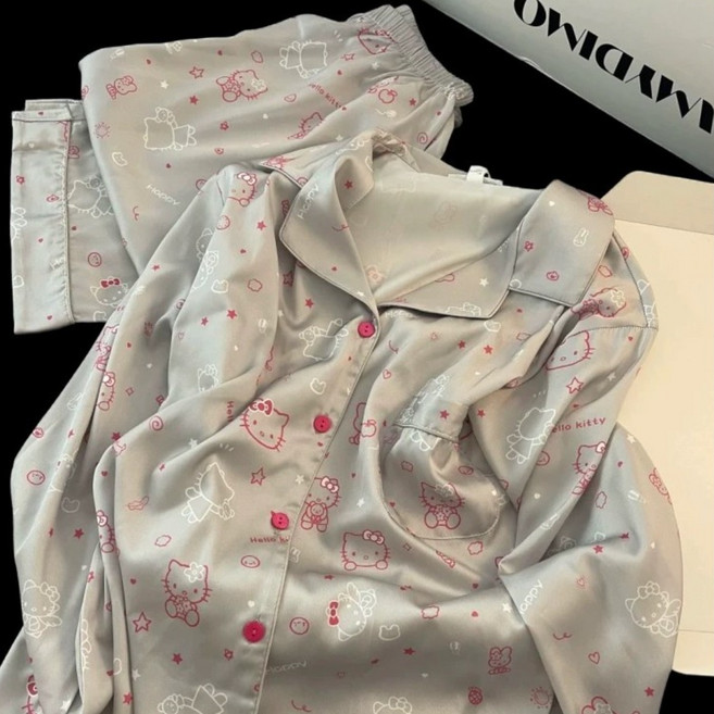 [노아르] 리본 고양이 패턴 여성 파자마 세트 실키 잠옷 홈웨어 상하세트