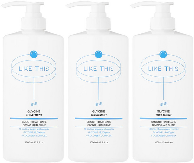 LIKE THIS 손상모발 집중케어 탄력 윤기개선 15 000PPM 글라이신 헤어 트리트먼트, 1L, 3개