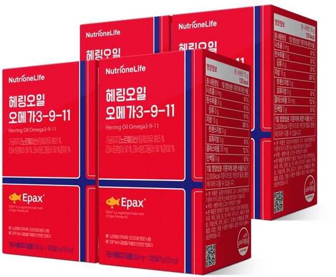 뉴트리원 헤링오일 오메가3-9-11 프리미엄 알티지 EPA DHA 세톨레산 노르웨이 혈행건강, 4박스, 30정