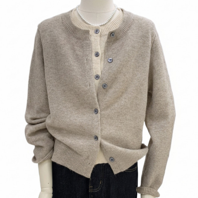 SONOVA 미니멀 배색 페이크 레이어드 라운드넥 니트 여성 데일리 가디건