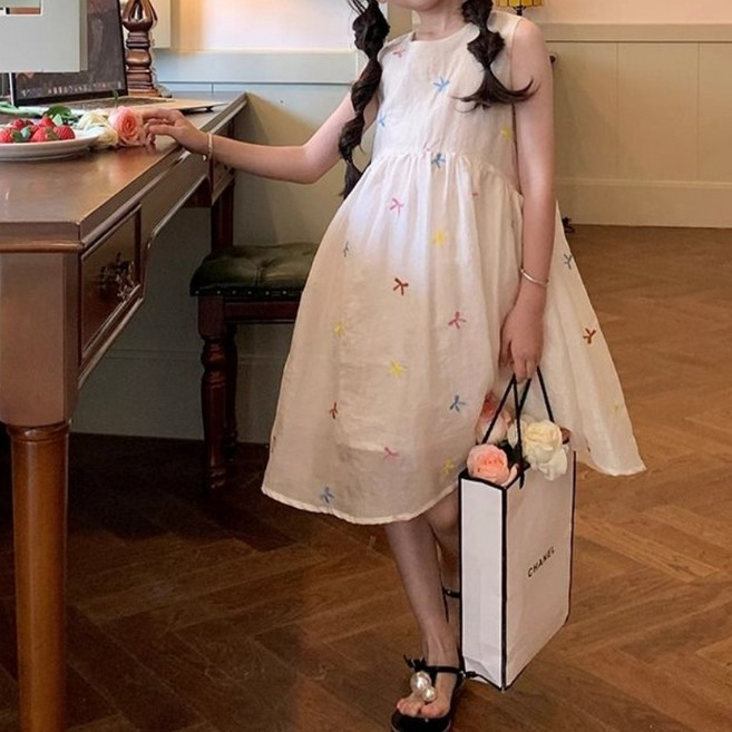 해피유통 어린이 여름 자수 원피스 청량한 퍼프 디자인 14세 이상 XG08