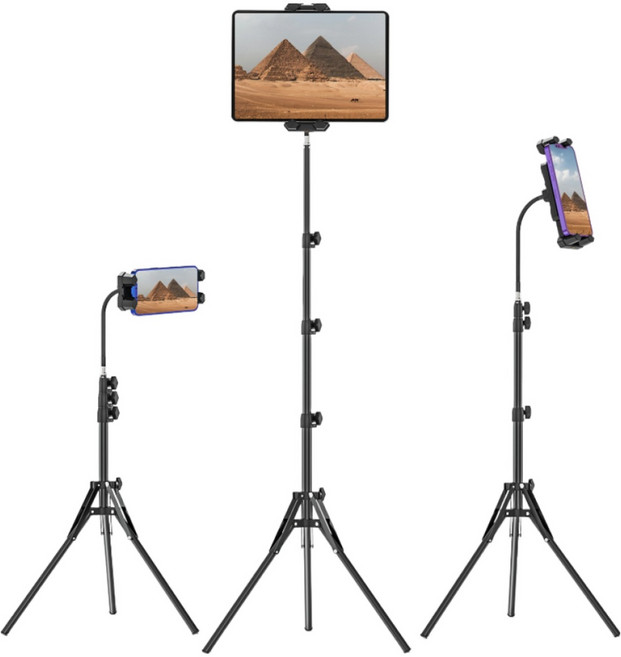 3단계 조절식 접이식 거위목 태블릿 삼각대 13인치 iPad Pro 갤럭시탭 S9 호환 360도 회전 휴대폰 거치대, 1개, 블랙, CJB-011-BK