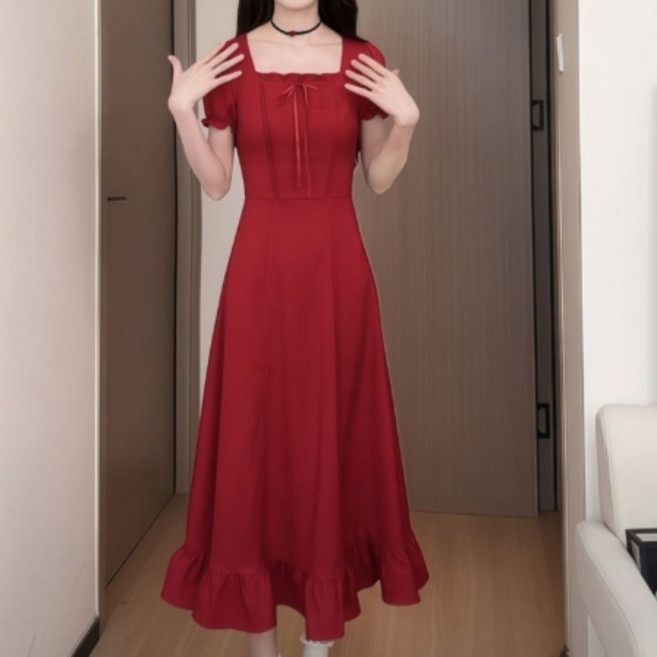 빅사이즈 디자인 감각이 돋보이는 세련된 원피스 3가지 스타일로 연출 가능한 드로스트링 미디 드레스 여성용 여름 허리 라인 강조 사각 네크라인 매우 아름다움. a 롱 스커트