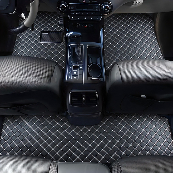 지엠지모터스 자동차 매트 카매트 퀼팅 가죽 바닥 장판 시공 효과 1열 2열 플로어 호환매트, 블랙앤화이트스티치