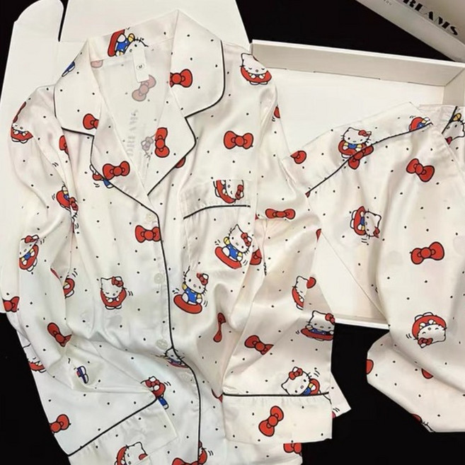 [노아르] 리본 고양이 패턴 흰색 여성 파자마 세트 실키 잠옷 홈웨어 상하세트