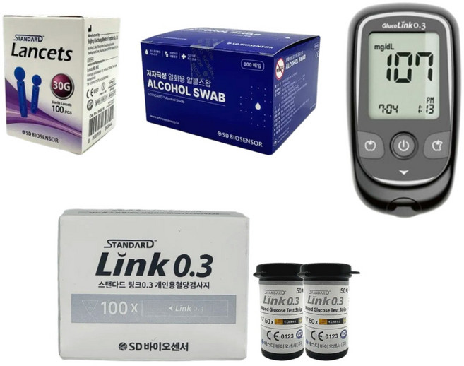 SD 글루코링크 0.3 스탠다드링크 혈당측정기 풀세트 [혈당계+시험지100매+침110개+솜100매+파우치+채혈기], 1세트