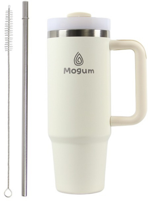 모굼 보온 보냉 대용량 손잡이 스텐 텀블러, 1개, 900ml, 크림화이트