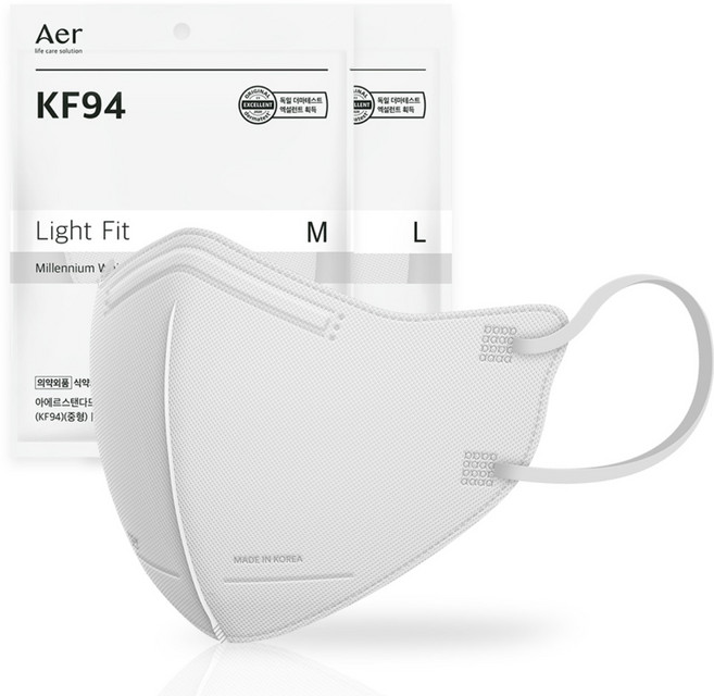 아에르 스탠다드 라이트핏 보건용 마스크 대형 KF94, 1개입, 100개, 밀레니엄 화이트