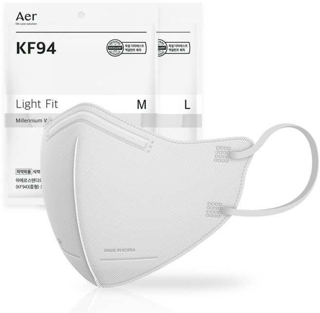 아에르 스탠다드 라이트핏 보건용 마스크 대형 KF94, 1개입, 100개, 화이트