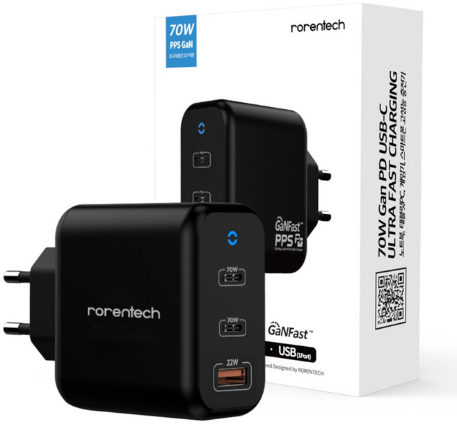 로랜텍 멀티 GaN PPS PD3.0 70W 3포트 C타입 초고속 충전기, BLACK, 1개