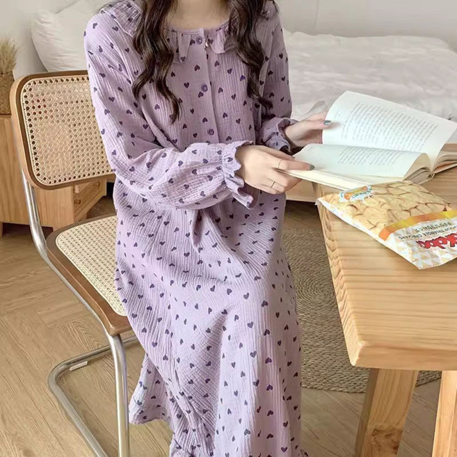 딸기바나나 여성잠옷 원피스잠옷 홈웨어 긴팔 가을 파자마 로브 가운