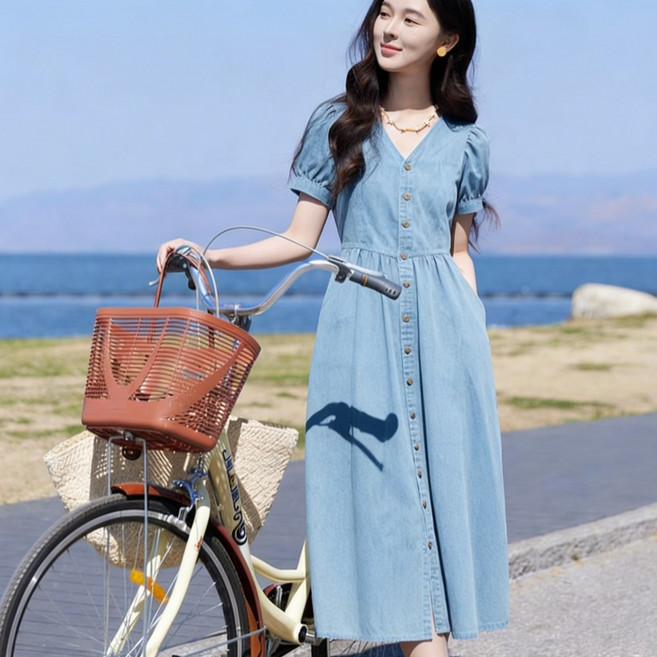 비아이와이 고급 캐주얼 데님 브이넥 허이조임 원피스 여성 데일리룩 D117