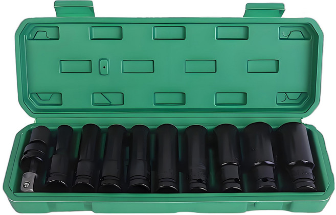 11피스 1/2"충격 렌치 세트 및 어댑터 - 탄소강 10-24mm 내 6각 공구 자동차 수리용 휴대용 저장함 포함, 1박스
