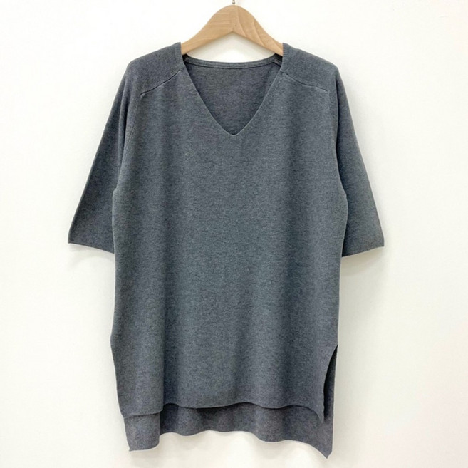 니트코어 여름 시원한 찰랑 루즈핏 빅사이즈 브이넥 트임 반팔 니트 니트티 티셔츠
