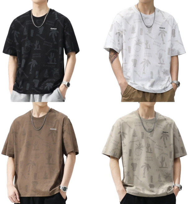 SUNNIUON 1+1+1+1 남자 프린팅 반팔티 빅사이즈 여름티셔츠 라운드넥 오버핏 박스티 4P