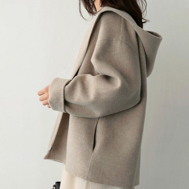 프리미엄 여성 오버핏 모직 후드 코트 봄 겨울 캐주얼 미니멀 코트