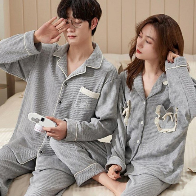 ANYOU 커플 긴팔 파자마 세트 부드러운 코튼 홈웨어 잠옷 상하의세트