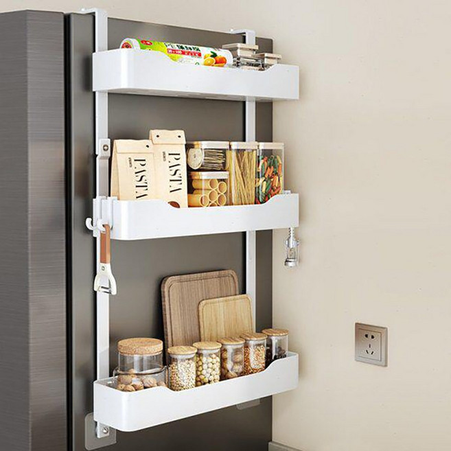 Alemon 철제 무타공 냉장고옆수납걸이선반 냉장고틈새수납장 선반, 하얀색, 1개