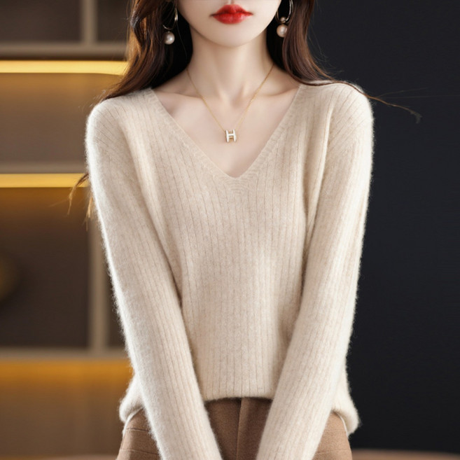 여성용 데일리 부드러운 골지 브이넥 긴팔 니트 Women's Knitwear D8379