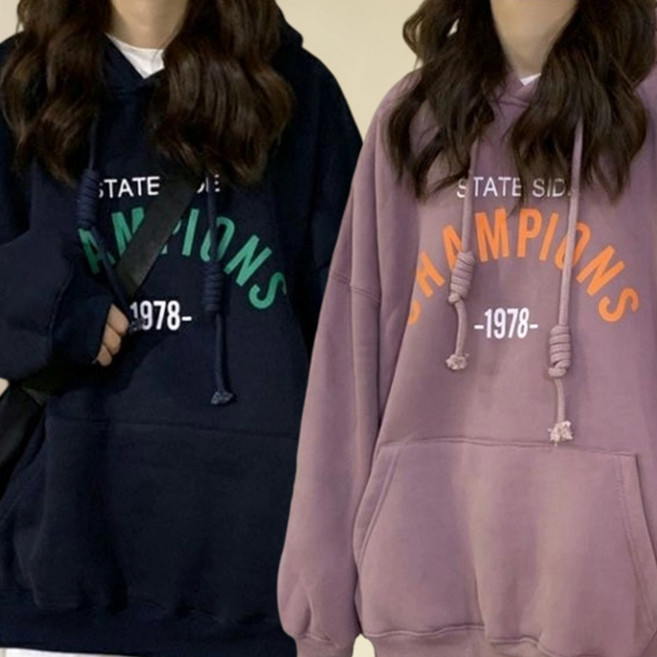 오스틱니 100kg까지 빅사이즈 [1+1] 여성용 봄가을 슬림핏 심플 프린트 외출용 후드티 간절기