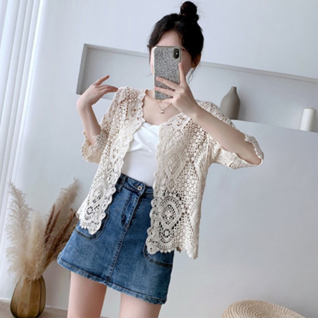그린라이프 여름 뜨개 가디건 프리사이즈 여성 썸머 빅사이즈 루즈핏 펀칭 반팔 니트