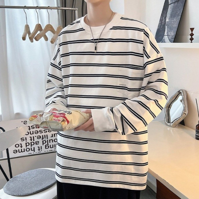 스타일닥터 남성용 스트라이프 루즈핏 맨투맨 긴팔 르네스 단가라 캐주얼 오버핏 풀오버 긴팔티