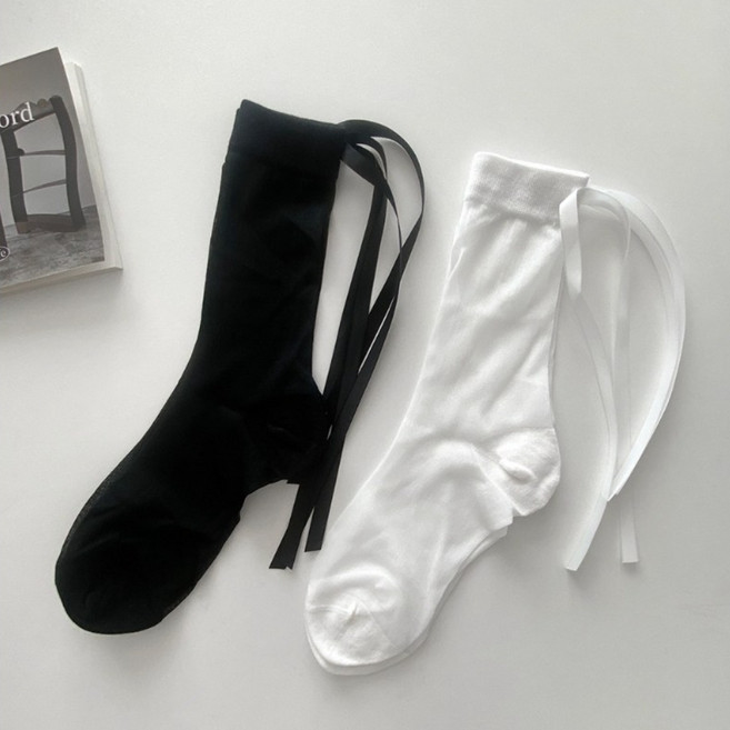 엘블랑꼬 시스루 뒷리본 양말 화이트+블랙 2p 세트