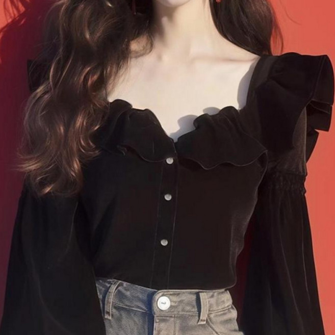 해피유통 여성 가을 벨벳 긴팔 블라우스 섹시 오프숄더 러플 디자인bhf