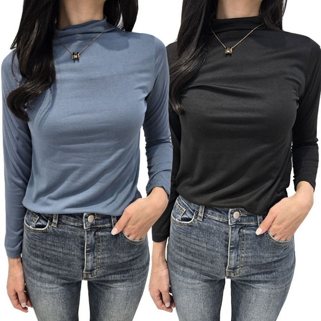 밀크린 여성 간절기 목폴라티 반목티 2종 세트 폴라티 긴팔 이너 티셔츠