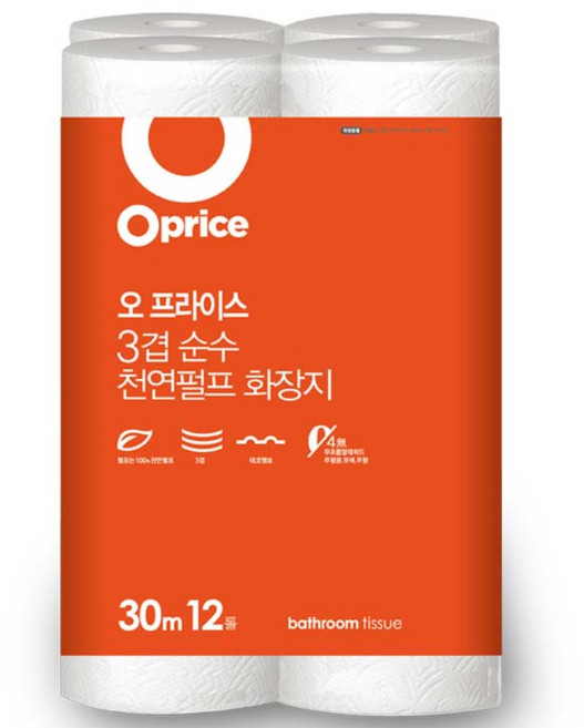 오프라이스 3겹 천연펄프 화장지, 30m, 12롤, 1개