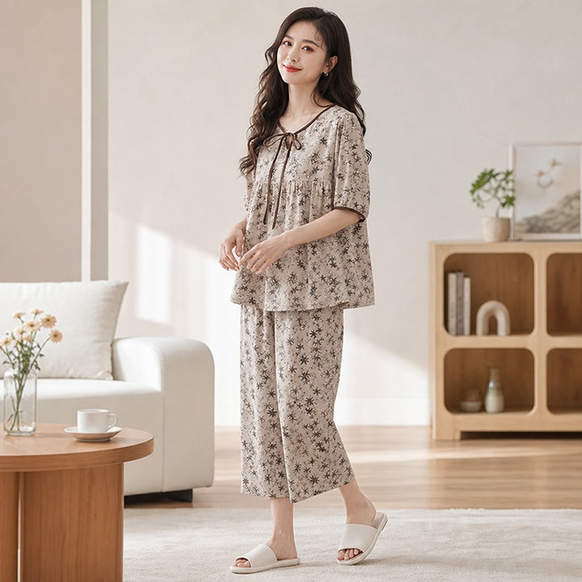 여성 파자마 여름 편안한 잠옷 홈웨어 브라리스 패드 잠옷세트