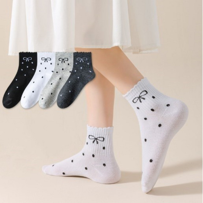 SwanCode 리본 도트 레이스 여성 중목 양말 4켤레