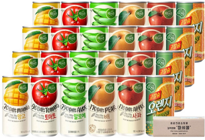 마셔몰 주스세트 자연은망고 알로에 토마토 오렌지 사과 배 6가지맛 각4캔씩, 24개, 180ml