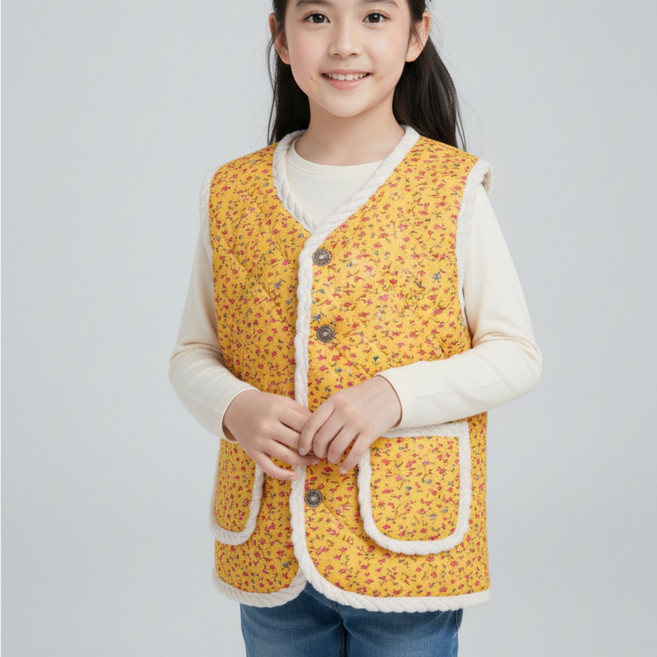 츄아랜드 유아동 조끼 방한 퀼팅 양털 누빔 할머니 김장 겨울 꽃무늬 유아동김장조끼