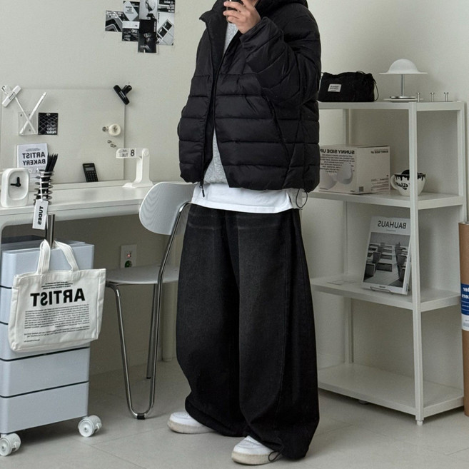 르위 오버핏 덕다운 경량 후드숏패딩 오리털점퍼 투웨이 남여공용