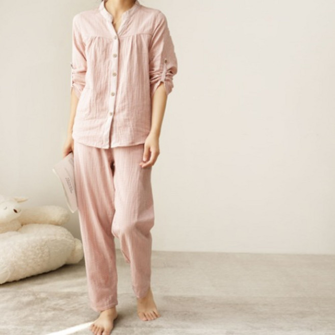 LUMANOKI 이중거즈면 소프트 순면100% 부드러운 여성용 긴팔 홈웨어 잠옷세트