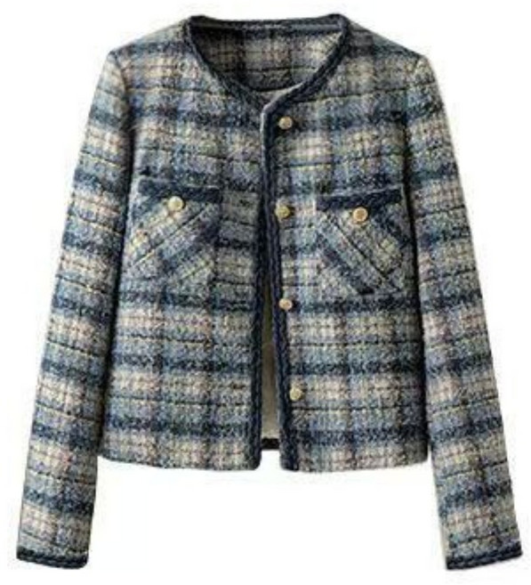 여성 블루 체크 루즈핏 라운드 트위드자켓LCL067