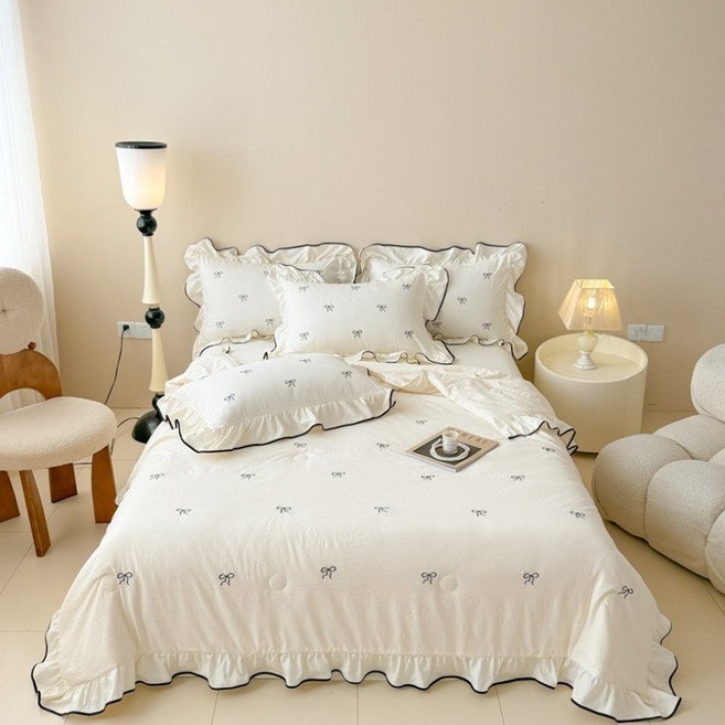 홈소이 리본 무드 사계절 이불 세트 순면 이불+ 매트커버+ 베개커버 세트