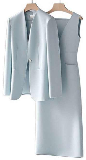 FANSYLI 프리미엄 빅사이즈 정장 원피스 세트 춘하 정장 코트+민소매 정장 원피스 투피스 패션 하객 통근 정장 세트 W2511N01