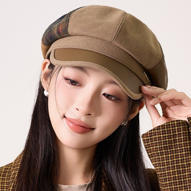 Karsaer 체크 배색 베레 모자 여자 캡 배레모 빵 모자 잉글리시 앤티크 화가 모자 팔각모 G0273