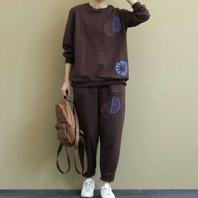 캐주얼 중년 여성 트레이닝 세트 봄 가을 긴팔 라운드 맨투맨 + 하이웨이스트 배기 팬츠 상하의 투피스 루즈핏 기질 운동복 세트 CY