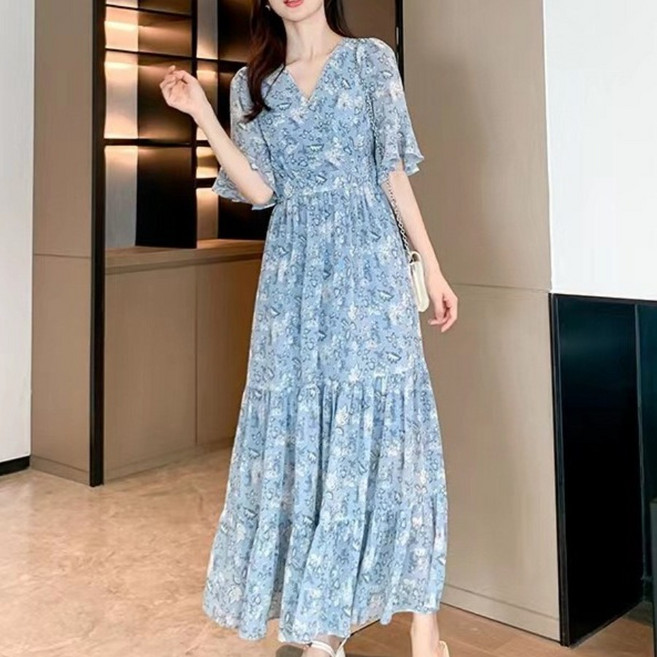 마스우노 여름 봄 여자 여성 롱 A라인 원피스 우아 플로럴 민소매 롱원피스 데일리룩 꽃무늬 청색