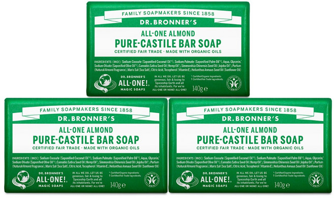 닥터브로너스 아몬드 퓨어 캐스틸 바 솝, 140g, 3개입