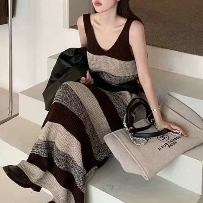 COSYEVNO 여성 봄가을 니트 브이넥 롱 원피스 민소매 드레스 LFHzzddq-3