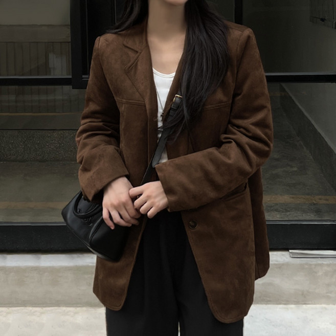 [당일출고/MD소장]스웨이드 카라 긴팔자켓(기본정장 모카무스 루즈오버핏 빅사이즈 가을겨울옷 하객룩 털코트 크롭레더가죽 커플잠바 통통 키작녀 일본여행룩가죽 블레이저블루종 얼리어텀)