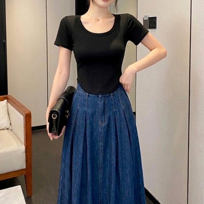 TLM [1+1] 여성 U넥 라운드 슬림핏 반팔 티셔츠 데일리 베이직 이너 레이어드 기본티