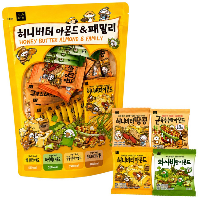 나라 허니버터 아몬드 패밀리 미니팩 4가지맛, 1개, 250g